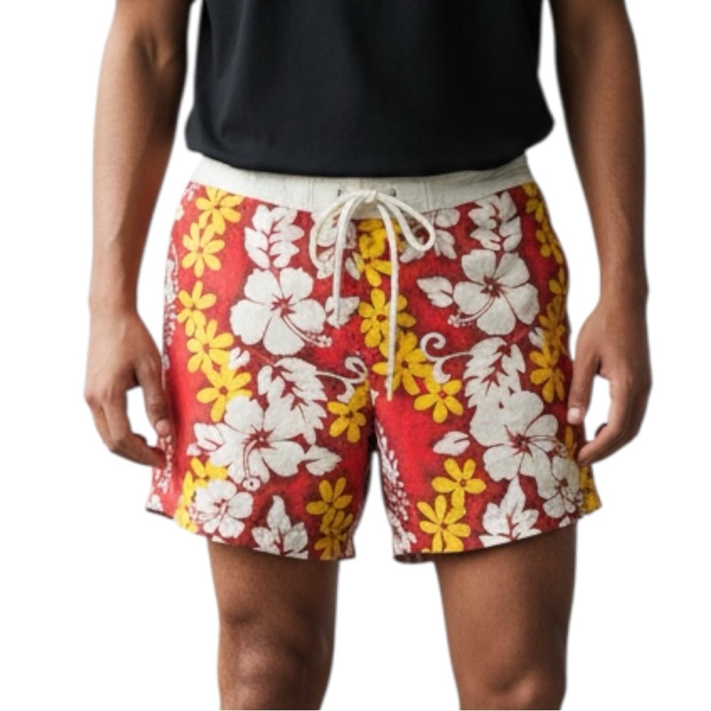 Island Imports Hawaiian Swim Shorts Men’s XL Red Yellow Tropical Floral Vintage